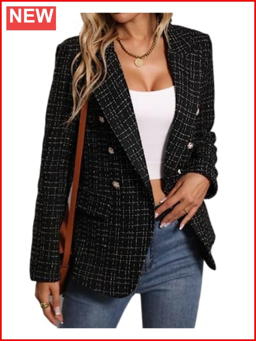 Women's Tweed Plaid Blazer Relaxed Fit Business Casual Coat